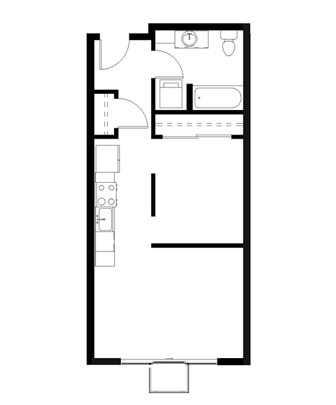 A floor plan of a room with a kitchen area, a bathroom, bedroom, and a living room.